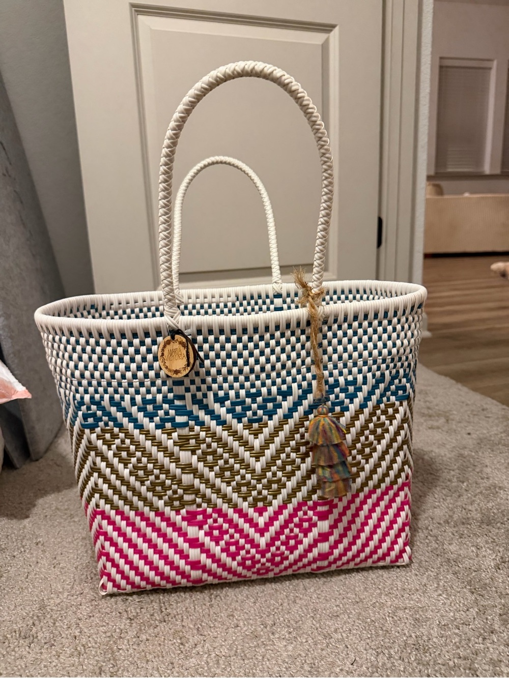 Woven Multicolor Tote Bag with Tassel - White, Blue, Brown, Pink